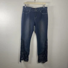 Camille La Vie Blue Jeans Black Silver Floral Sequins Beads Denim Size 10.