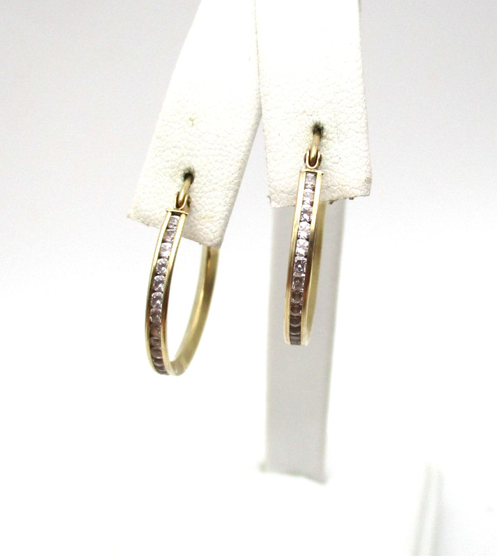 10K Yellow Gold Clear Stone Hoop Earrings 1.7 Gr [E381]