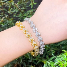 Luxury Yellow Gold Plated CZ Marquise Leaf Chain Link Bracelet Bangle for Women
