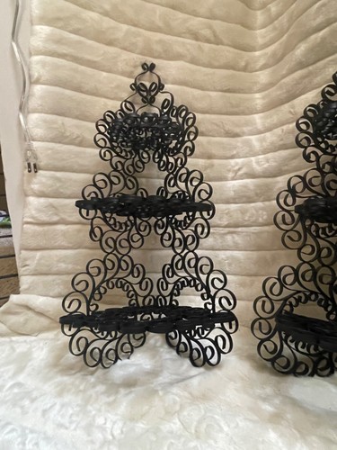 Vintage Black Metal Scroll Corner 3-Tier Hanging Shelf Knick knack Farmhouse - Picture 5 of 10