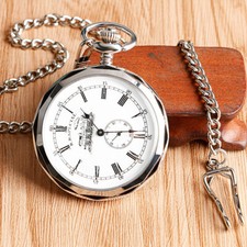 Men Vintage Mechanical Pocket Watch Wind Up Open Face Gift Silver Roman Numerals