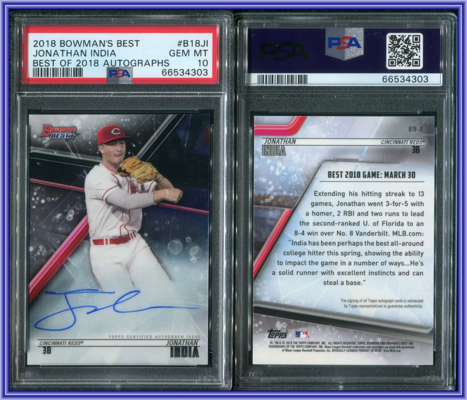 PSA 10 2018 Bowman's Best of '18 Autographs #B18JI Jonathan India Reds POP52