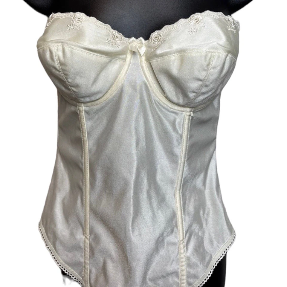 Corsé de diosa vintage 34C marfil palangre satinado deshuesado bustier correas de liga 1950 Foto 3 de 4