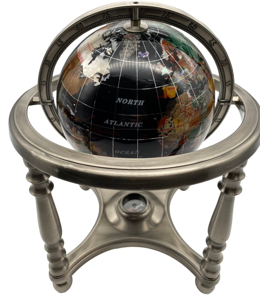 10” Tall Black Onix Ocean Table Top World Map Gemstone Globe 4-Leg