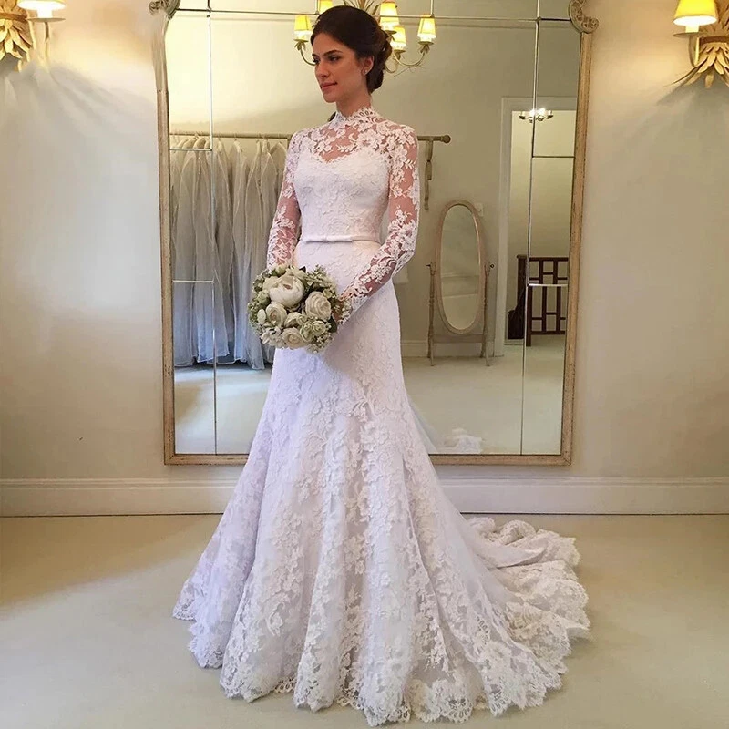 long sleeve halter wedding dress LTP0803,Mermaid white halter wedding gown satin long wedding dresses Laylatailor Shop