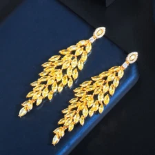 Stunning Gold Color Yellow Cubic Zirconia Leaf Cluster Long Dangle Drop Earrings