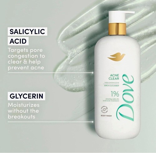 2 PACK! New - Dove Acne Clear Body Wash Prevents Acne 1% Salicylic Acid 18.5oz - 第 4/11 張圖片