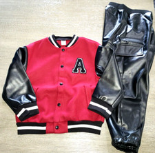 boys NEW VARSITY JACKET letter A 2 pc set 5 PLEATHER PANTS SLEEVES snap front