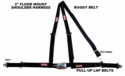 3 POINT SEAT BELT RACE HARNESS 2'' LATCH & LINK PULL UP LAPS FLOOR MOUNT BLACK