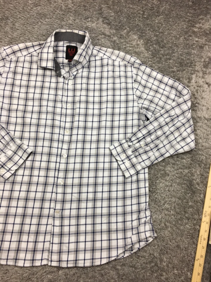 Linea Uomo Button Up Shirt Men Size XXL 2XL White Blue Plaid Long Sleeve Stretch - Image 2 of 4