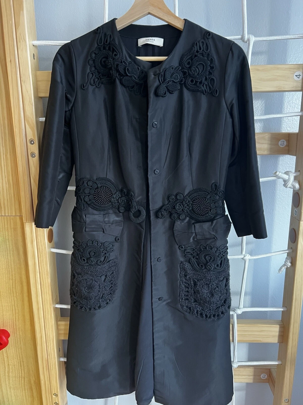 Giacca Cappotto Prada Italia Seta Nero Tg 0 Designer Elegante Tench