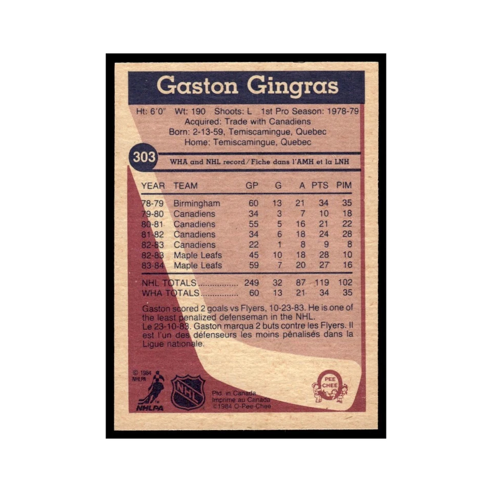 Gaston Gingras 1984 O-Pee-Chee #303 Toronto Maple Leafs Hockey Card EX - Image 2 of 3