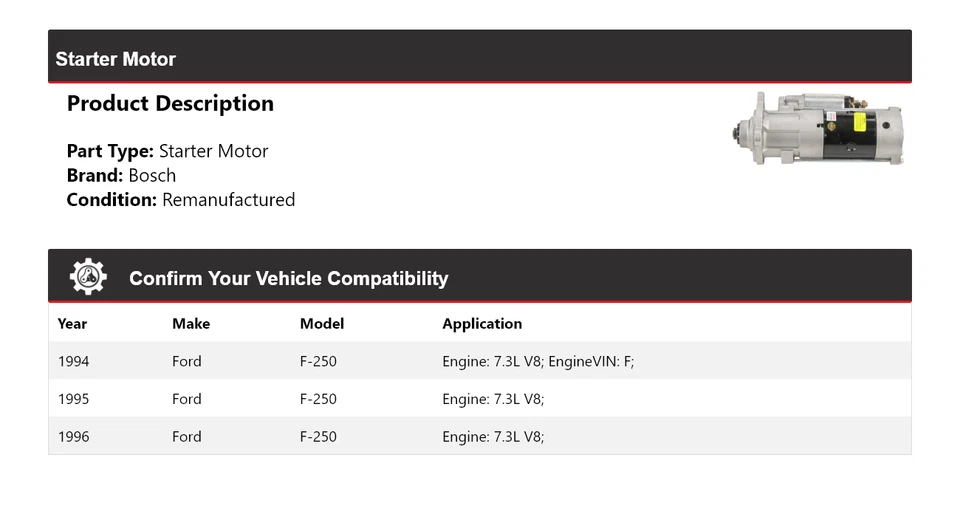 Motor De Arranque Bosch Para Ford F-250 1994-1996 7,3 L V8 (Remanufacturado) 1995 Foto 2 de 4