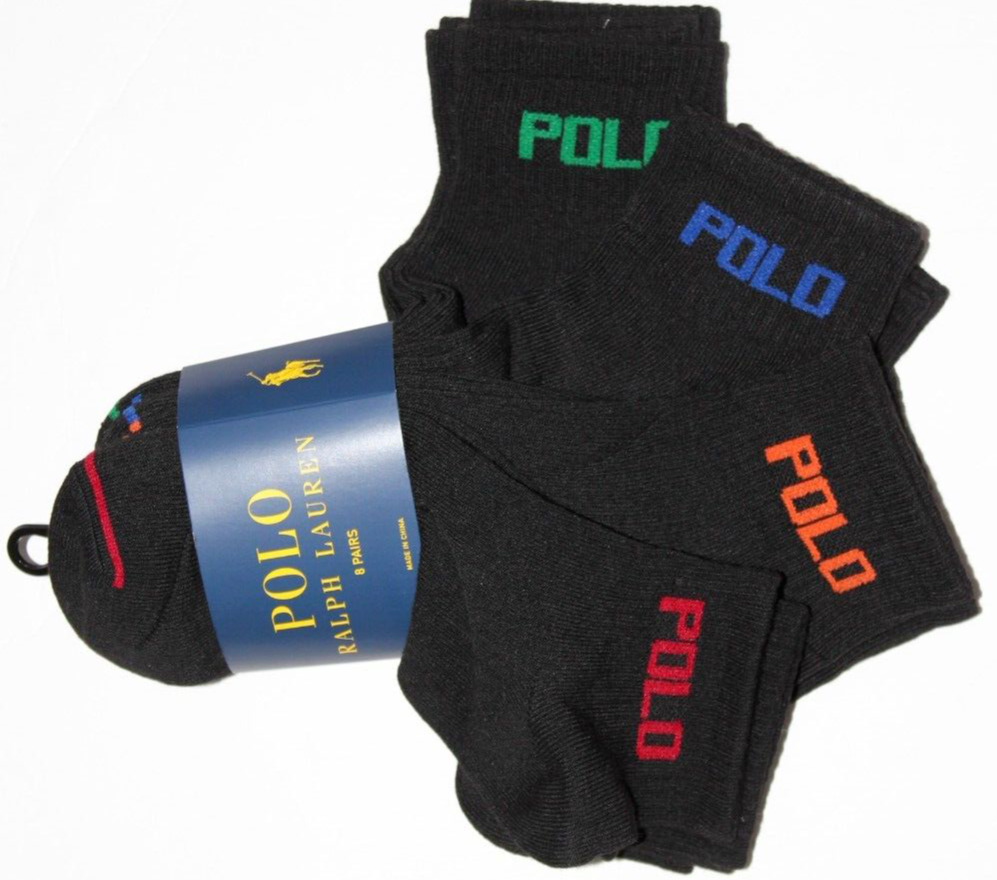 Polo Ralph Lauren Athletic 8 paia calze uomo QTR Crew nuove con etichette nere logo pony