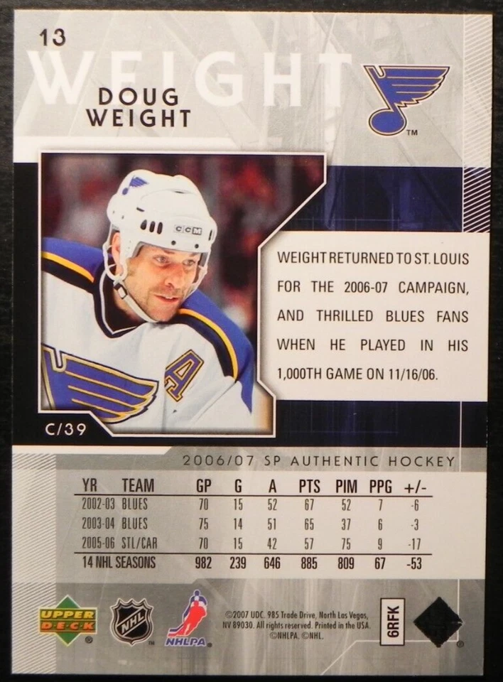2006-07 06/07 SP Authentic #13 Doug Weight St. Louis Blues - Image 2 of 2