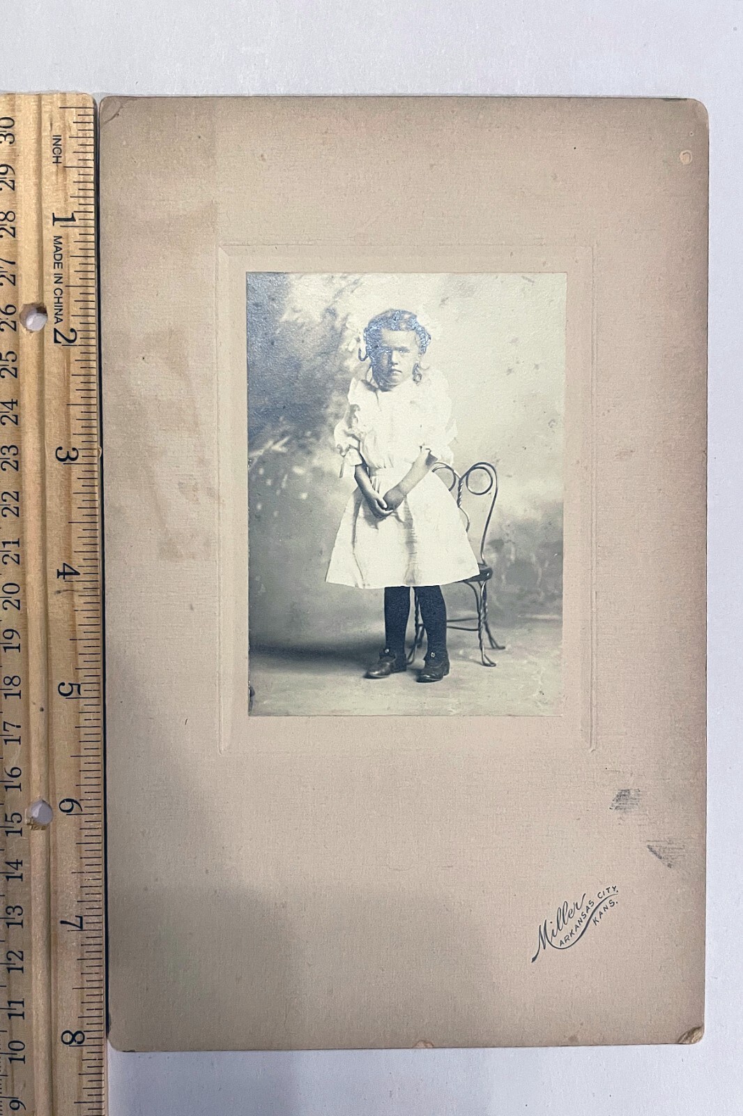 Vintage Card Photograph Girl White Dress Shadow on Back