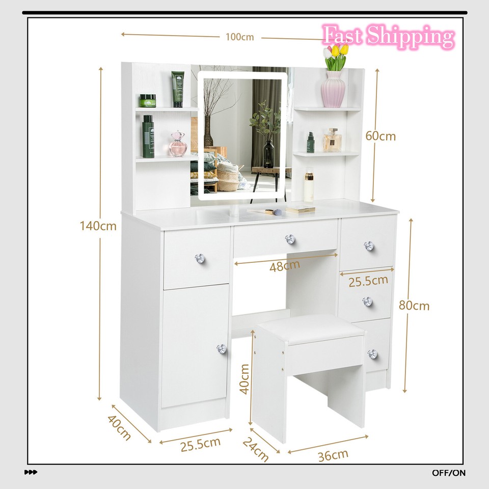 White Dresser Table Vanity Set With Stool & 5Drawer Makeup Desk with