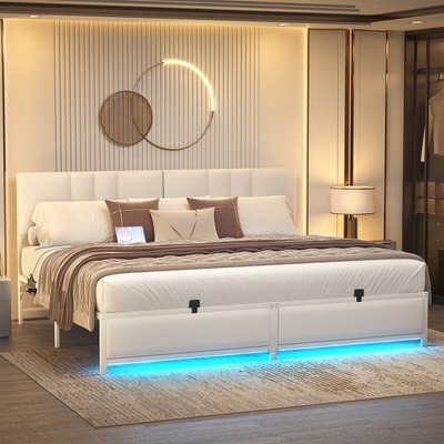KING LED Bed Frame with Adjustable Headboard, Upholstered Leather Platform Bed