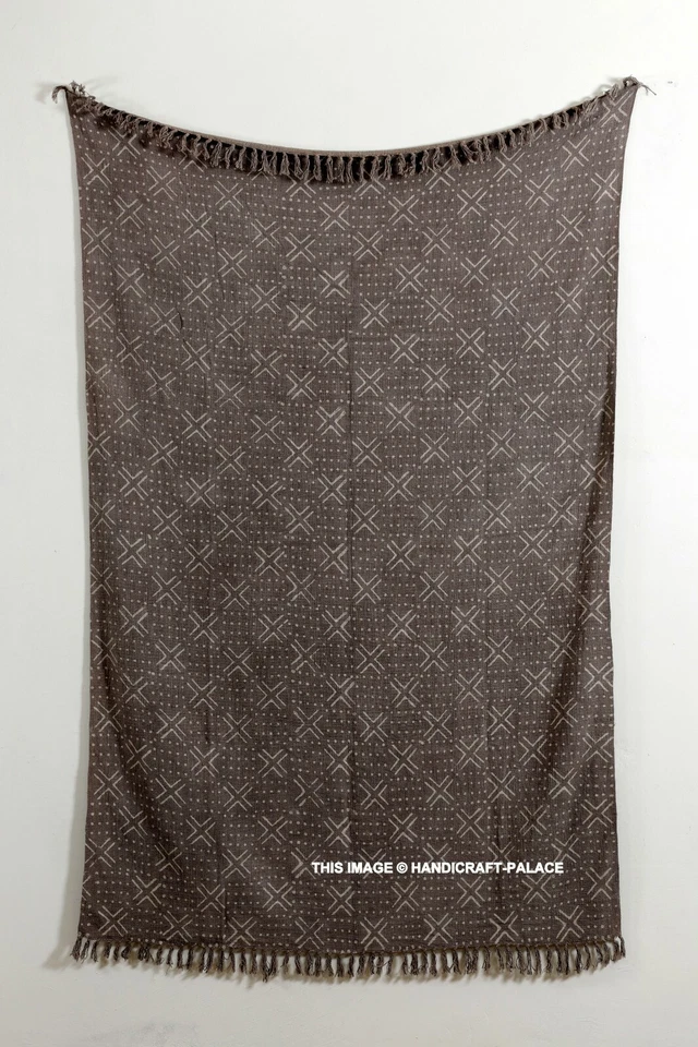 100% Baumwolle Graue Blockbedruckte Tagesdecke Mit Quasten Einzelbett Bettwäsche - Bild 3 von 4