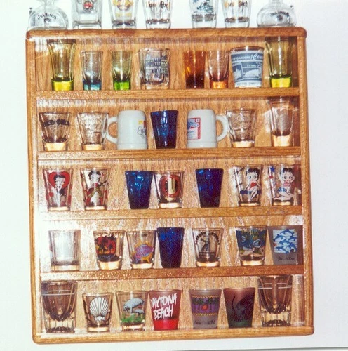 oak 35 shot glass display shelf case   plexi front acrylic showcase v1
