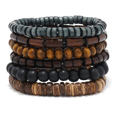 6PCS Men s Braided Leather Bracelet Set Vintage Wood Bead Wristbands