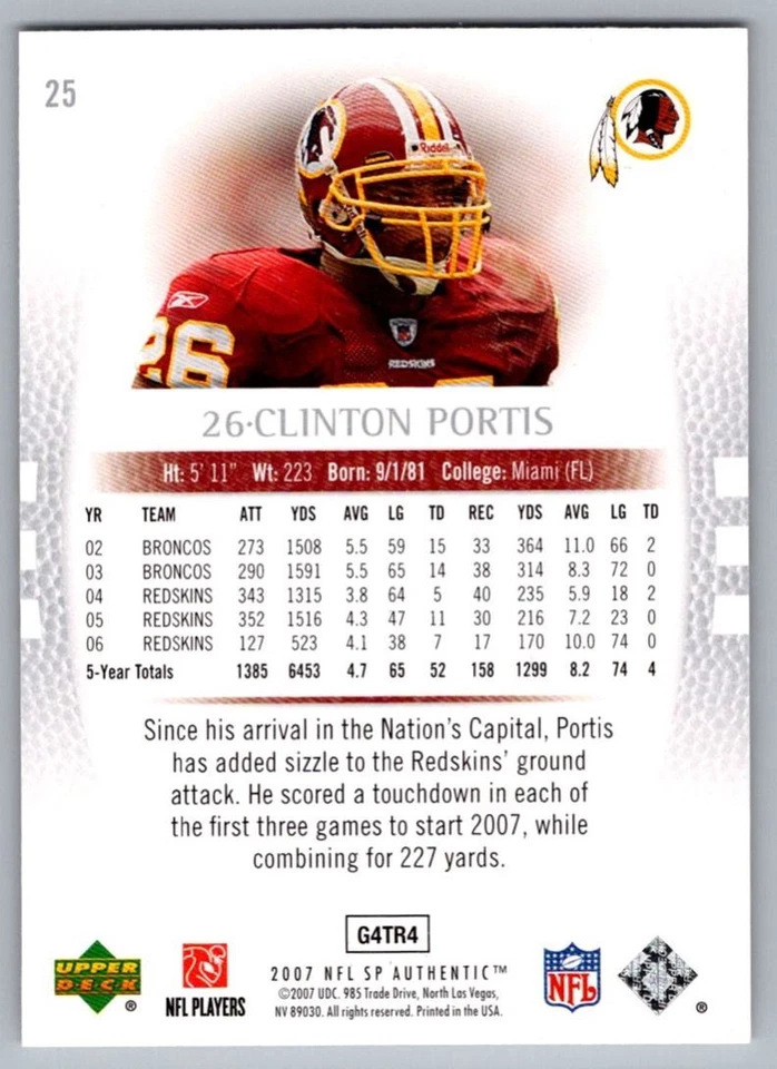 2007 SP Authentic Clinton Portis Washington Redskins #25 - Image 2 of 2