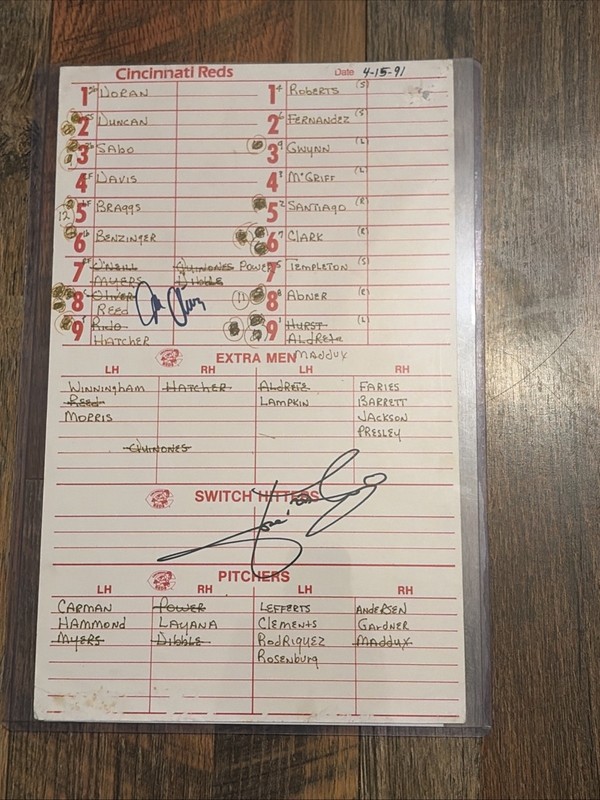 Cincinnati Reds DUGOUT LINE UP CARD Jose Rijo And Joe Oliver Signed Box1-8