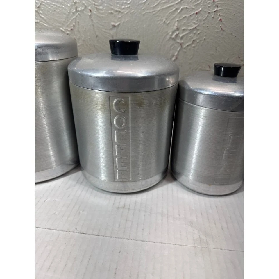 Juego de latas de aluminio hilado MCM de colección harina azúcar café tapas de té grasa negra Foto 4 de 4