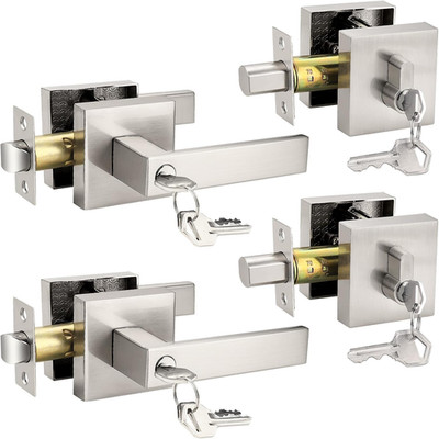 Square Entry Levers and Single Cylinder Deadbolts Combo Pack, Satin Nickel Keyed
