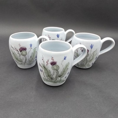 Buchan Portobello Scotland Thistle Stoneware Tea Cups set of 4 Hand Painted READ
