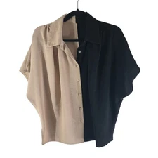 Shein Womens Button Down Top Oversized Collar Short Sleeve Black Beige S