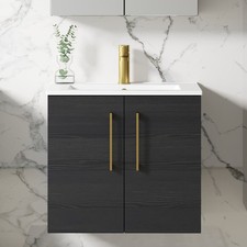 Nuie Arno Wall Hung 2-Door Vanity Unit with Basin-2 600mm Wide - Black Woodgrain