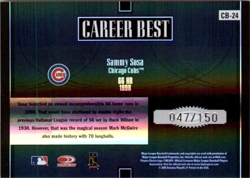 2005 Donruss Elite Career Best Black Cubs Baseball Card #24 Sammy Sosa /150 - Picture 2 of 2
