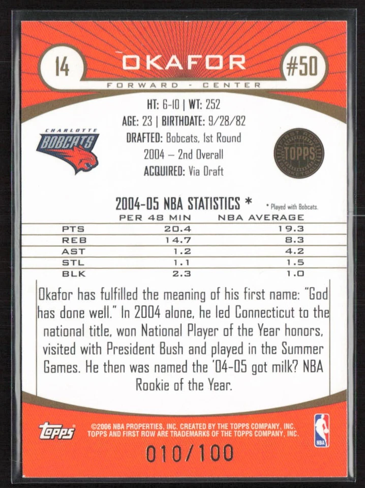 2005-06 Topps primera fila oro #/100 Emeka Okafor #14 Charlotte Bobcats Foto 2 de 2