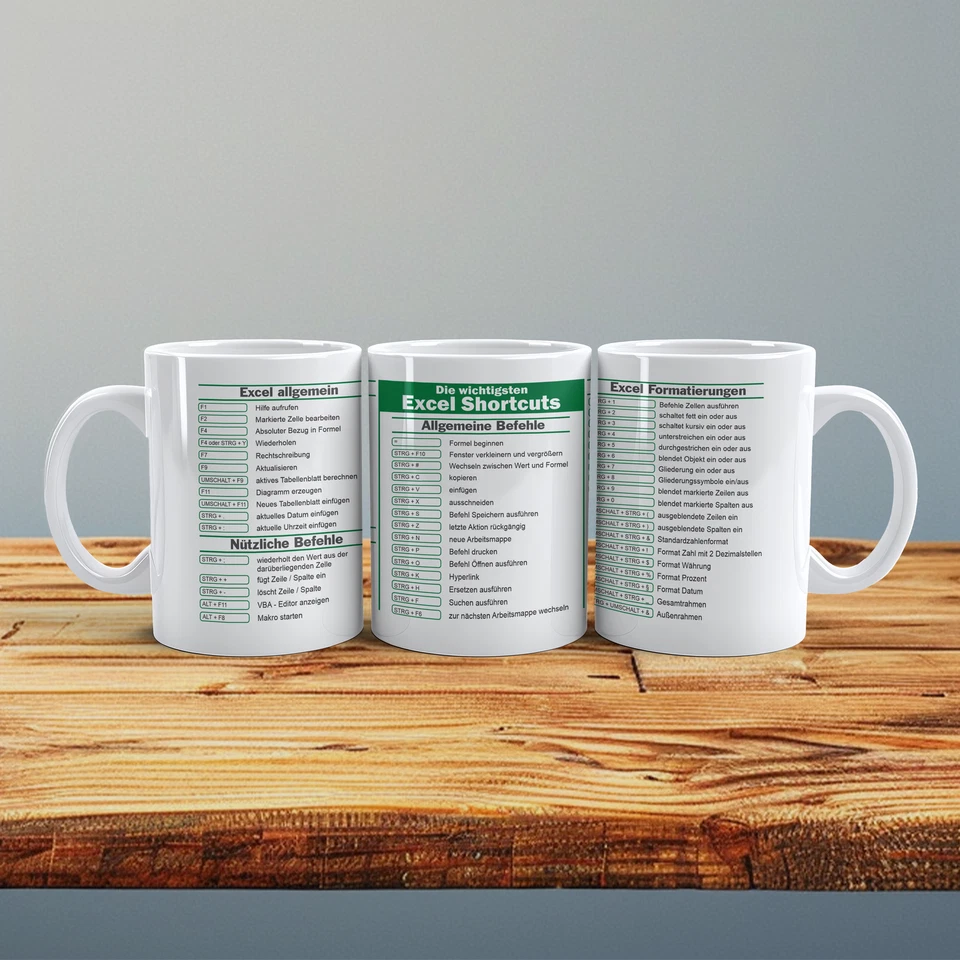 Keramik Tasse mit Excel Shortcuts Kurzbefehlen, Geschenk für Kollegen - Bild 4 von 4