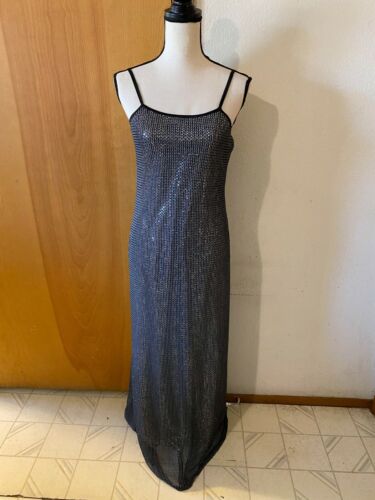 Studio Mariposa M Spaghetti Strap Fitted Black Silver Metallic Evening Dress Vtg - 第 1/8 張圖片
