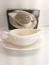Stoneware White Gravy Boat with Embossed Saucer