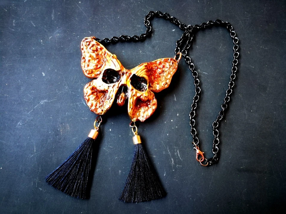 Art Deco Nouveau Jewelry Necklace Pendant Retro Butterfly Skull Lunar Moth Luna - Image 2 of 4