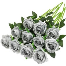 Silver Fake Roses Artificial Flowers - 10 Pcs Fake Artificial Roses Silk Flow...