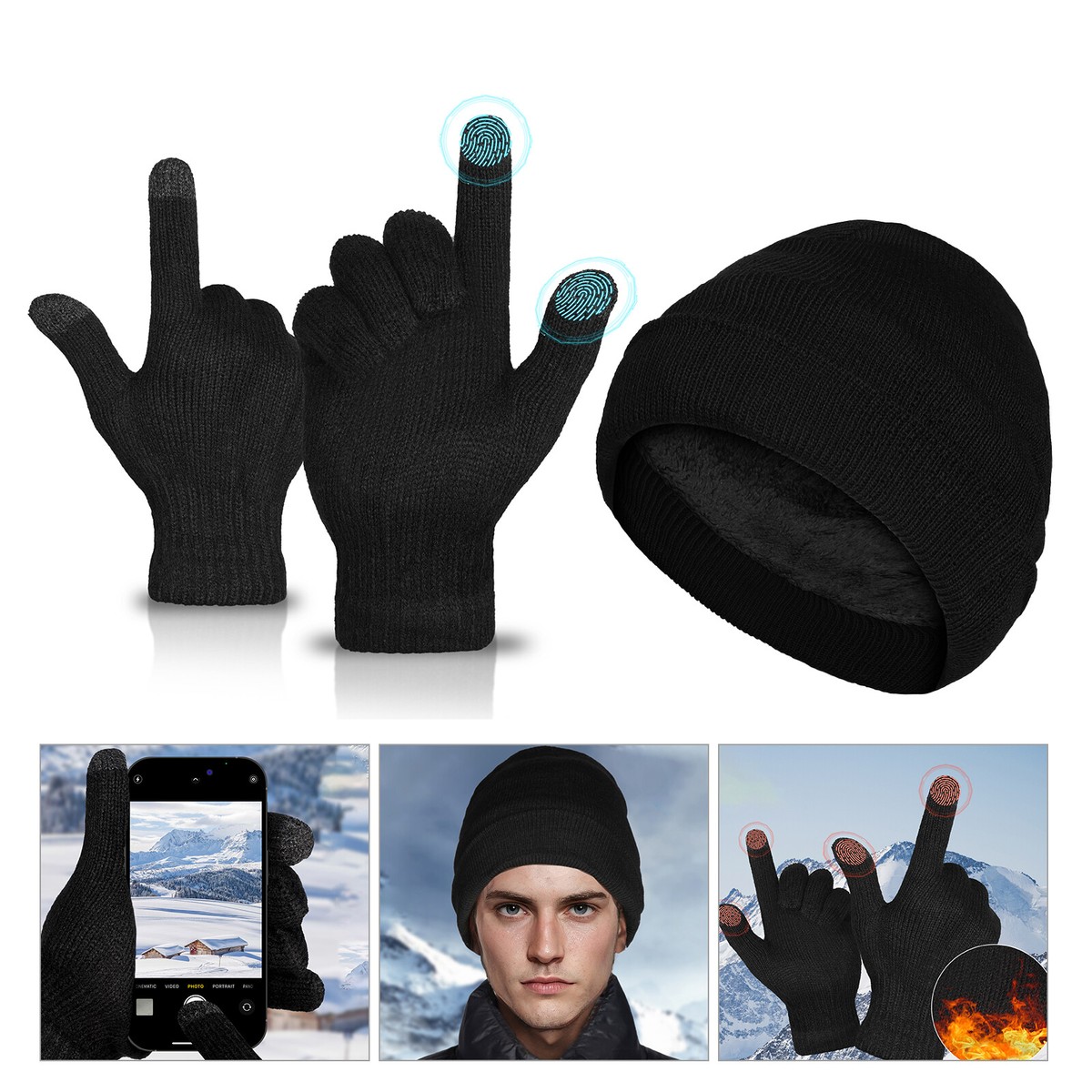 8-Piece Knitted Beanie & Touchscreen Glove Set, Fleece Lined, Winter Warmth Winter Beanie Hat Scarf Touchscreen Gloves Set for Men and  main image 3