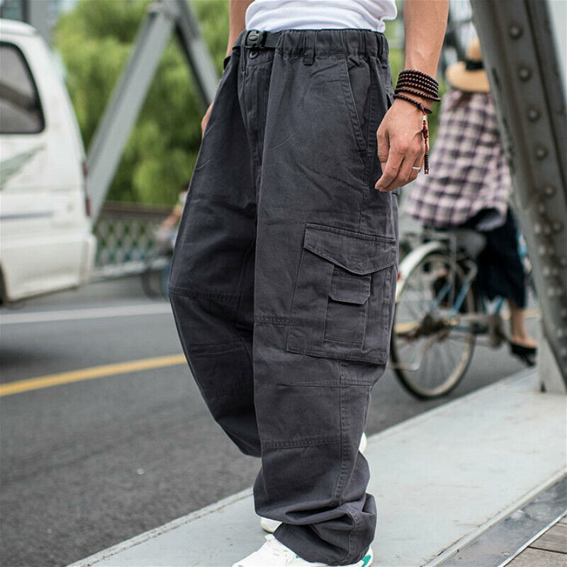 Men Baggy Pants Loose Cargo Trousers Hip Hop Pocket Dance Casual Big ...