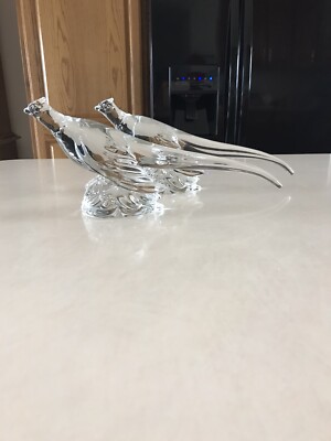 Vtg Pair Of Heisey Ring Necked Pheasants Clear Art Glass Bird 12  Long Figurine