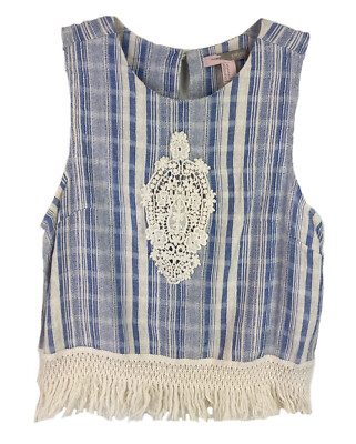 Forever 21 Womens Knit Top Embroidered Striped Crochet Fringe - Main Image