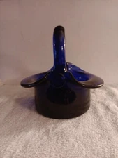 Vintage Cobalt Blue Glass Handled Basket Art Glass
