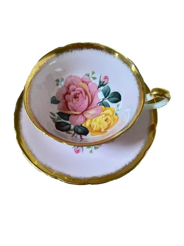 VTG 1960’s Pink & Yellow Cabbage Rose Paragon Fine Bone China Teacup & Saucer