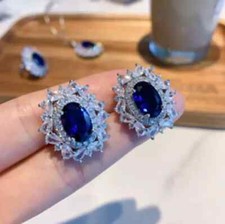 4.40Ct Lab-Created Blue Sapphire Diamond Stud Earrings 14K White Gold Finish