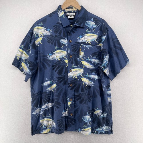 COLUMBIA Shirt Mens L River Lodge Tuna Fish Print Button Up Short Sleeve Blue - Picture 3 of 12
