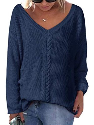 YOINS Pullover für Damen locker Langarm V-Ausschnitt Strick Oberteil Freizeit Bluse