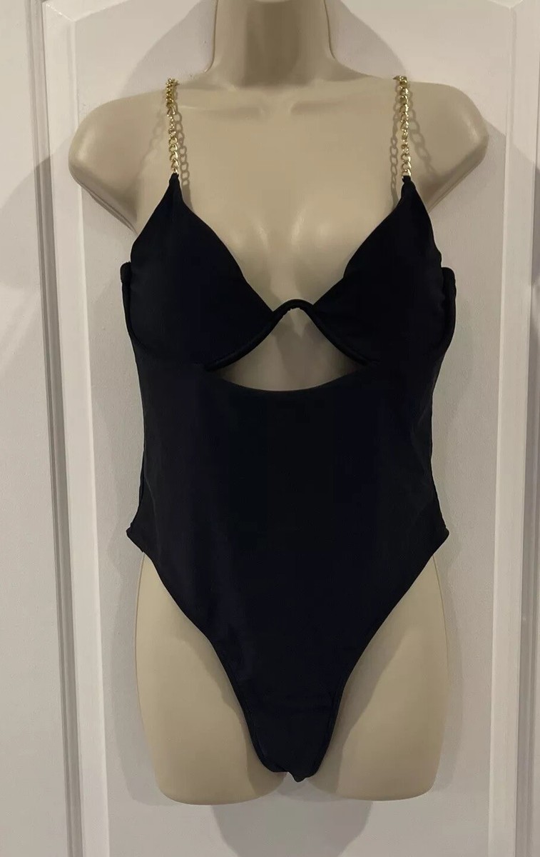 Aqua Eve Black L Cut Out 1Pc High Waist Swimsuit Gold Chain Straps