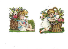 2 Chromos anciens découpis fin XIX e  enfants au panier Victorian scrap H 4, 5 c